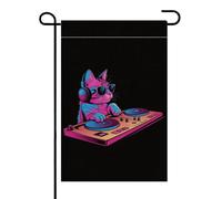 Drapeau décoratif à suspendre pour jardin, cour, espace | Chat DJ vintage avec télécommande pour jouer Techno Mix mignon arc-en-ciel chaton dans les écouteurs