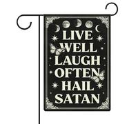 Drapeau décoratif de Jardin Vivez bien riez souvent Gloire à Satan | Bannière 12x18 Inch Double Face Drapeaux de Cour Imperméable Bannière décorative pour Pelouse Vacances Fête