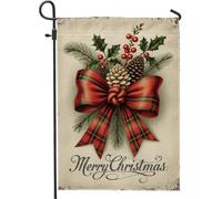 Drapeau décoratif de Noël, nœud à carreaux rouges et pommes de pin, bannière de vacances, drapeau de cour double face en toile de jute pour décoration de pelouse extérieure, 30,5 x 45,7 cm