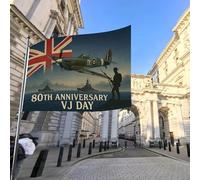 Drapeau décoratif du 80e anniversaire de la VJ Day 2025 - 0,9 x 1,5 m - Décorations patriotiques Spitfire pour victoire cuirassé RAF WW2 1945 Union Jack