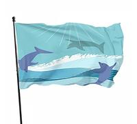Drapeau décoratif en polyester motif dauphins 0,9 x 1,5 m Bleu ciel marsouin poisson tropical océan vague écume de mer Motif imprimé pour la maison et le jardin