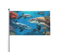Drapeau décoratif sur un seul côté de 0,9 x 1,5 m, motif dauphins, tortue de mer, requin, pieuvre, récif corallien, à accrocher sur la pelouse ou le balcon