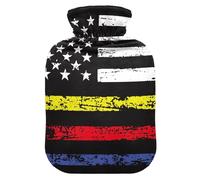 Drapeau des États-Unis avec bouteille d'eau bleue et rouge pour eau chaude avec housse souple, compresse chaude de 2 L pour soulager les douleurs au cou et aux épaules