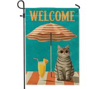 Drapeau d'été pour chat - Bannière de décoration de plage tropicale bleu turquoise - Double face en toile de jute - Décoration pour les amoureux des animaux pour la maison - 71 x 101 cm