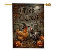 Drapeau d'Halloween avec citation amusante de poulet 71,1 x 101,6 cm | Chapeau de sorcière, drapeau de cour, motif squelette, scène de cimetière, jack-o'-lanternes, feuilles d'automne