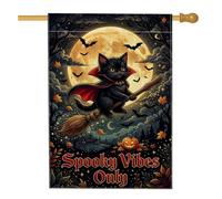 Drapeau d'Halloween avec citation de vampire chat 71,1 x 101,6 cm | Toile de fond pleine lune, drapeau de cour, balai volant, cape de vampire, feuilles d'automne, jack-o'-lanterne