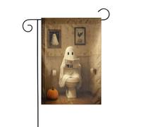 Drapeau d'Halloween avec fantôme mignon lisant journal, toilettes, jardin, 30 x 45 cm, vertical, double face, ferme, vacances, décorations extérieures, drapeau de cour