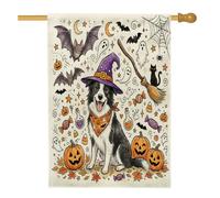 Drapeau d'Halloween Border Collie pour maison de chien 71,1 x 101,6 cm pour l'extérieur, jolies chauves-souris de vacances, drapeau vertical standard en lin pour maison, fantômes avant cour arrière