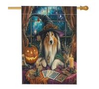Drapeau d'Halloween double face pour maison de chien de sorcière Shetland Sheepdog 71,1 x 101,6 cm double face pour décoration extérieure, tarot, astrologie, chiot en lin, drapeau de maison, petit