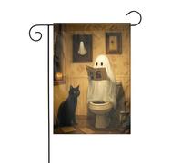 Drapeau d'Halloween fantôme lisant journal, toilettes, chat, jardin, 30 x 45 cm, vertical double face, ferme, vacances, décorations extérieures, drapeau de cour