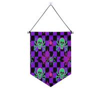 Drapeau d'Halloween motif crânes violets à carreaux suspendus avec barre télescopique, drapeau pour décoration de patio extérieur dernière intervention intérieure et extérieure pour