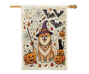 Drapeau d'Halloween pour maison de chien de Poméranie 71 x 101,6 cm pour l'extérieur, jolies chauves-souris de vacances verticales standard en lin pour maison, fantômes avant cour arrière-cour