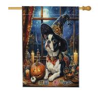 Drapeau d'Halloween pour maison de chien de sorcière Boston Terrier 71,1 x 101,6 cm double face pour décoration extérieure, tarot, astrologie, chiot avant cour, drapeau de maison, petit drapeau de