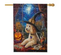 Drapeau d'Halloween pour maison de chien de sorcière caniche 71,1 x 101,6 cm double face pour décoration extérieure, tarot, astrologie, chiot en lin, drapeau de maison, petit drapeau de jardin