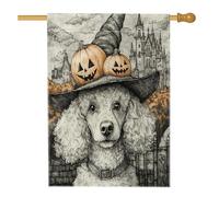 Drapeau d'Halloween pour maison de chien de sorcière caniche 71,1 x 101,6 cm double face pour décoration extérieure, maison hantée vintage pour chiot en lin, drapeau amusant pour l'extérieur