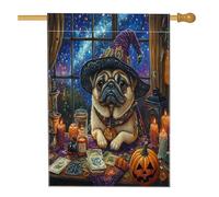 Drapeau d'Halloween pour maison de chien de sorcière carlin 71,1 x 101,6 cm double face pour décoration extérieure, tarot, astrologie, chiot en lin, drapeau de maison, petit drapeau de jardin