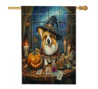 Drapeau d'Halloween pour maison de chien de sorcière Corgi 71,1 x 101,6 cm double face pour décoration extérieure, tarot, astrologie, chiot avant cour, drapeau de maison, petit drapeau de jardin