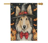 Drapeau d'Halloween pour maison de chien de sorcière Rough Collie 71,1 x 101,6 cm double face pour décoration extérieure, citrouille, chauve-souris, chiot en toile, drapeau de maison, motif animal de