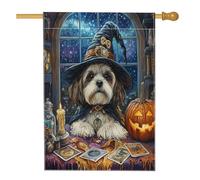 Drapeau d'Halloween pour maison de chien de sorcière Shih Tzu 71,1 x 101,6 cm double face pour décoration extérieure, tarot, astrologie, chiot en lin, drapeau de maison, petit drapeau de jardin