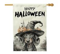 Drapeau d'Halloween pour maison de chien de sorcière, teckel, 71,1 x 101,6 cm, double face pour décoration extérieure, maison hantée, chiot vintage, drapeau de maison en lin, amusant pour l'extérieur