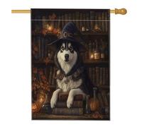 Drapeau d'Halloween pour maison de chien malamute de l'Alaska, 71,1 x 101,6 cm pour l'extérieur, livres magiques effrayants, chiots verticaux, en lin, drapeau de maison, pour animal de compagnie