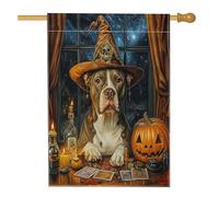 Drapeau d'Halloween pour maison de chien pitbull sorcière 71,1 x 101,6 cm pour extérieur, tarot, astrologie chiot, drapeau vertical standard en lin, motif sorcière avant cour arrière décoration