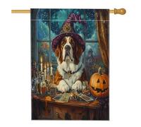 Drapeau d'Halloween pour maison de chien sorcière Saint-Bernard 71 x 101 cm double face pour décoration extérieure, tarot, astrologie, chiot en lin, drapeau de maison, petit drapeau de jardin sorcière