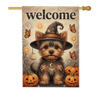 Drapeau d'Halloween Yorkshire Terrier sorcière 71 x 101,6 cm | Chapeau de sorcière, drapeau de cour, lanternes, papillons monarques, thème effrayant, décoration d'automne