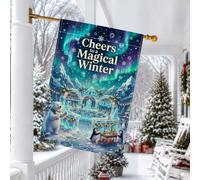 Drapeau d'hiver magique avec citation de bar de glace d'ours polaire 71,1 x | Illustration festive d'ours polaire, drapeau de pelouse, scène de bar de glace fantaisie, horizon d'aurore boréale