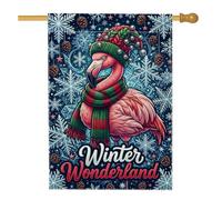 Drapeau d'hiver pour maison de Noël avec oiseau tropical 71,1 x 101,6 cm | Thème du pays des merveilles d'hiver, drapeau de cour, bonnet et écharpe tricotés, accents de pommes de pin