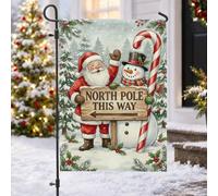 Drapeau directionnel du Pôle Nord Père Noël et bonhomme de neige 30,5 x | Bonhomme de neige, drapeau de cour, canne à sucre, forêt d'hiver, baies de houx, signalisation en bois