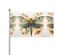 Drapeau doré délicat libellule sur fond jaune. Imprimé sur un seul côté, 0,9 x 1,5 m, léger et fluide, adapté pour une utilisation en intérieur et en extérieur.