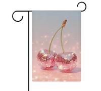 Drapeau double face en toile de jute avec deux cerises roses disco pour jardin, maison, cour, extérieur, vacances saisonnières, drapeau double face 30,5 x 45,7 cm