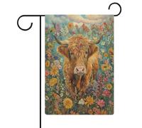 Drapeau double face en toile de jute avec vache des Highlands dans un jardin fleuri, maison, cour, extérieur, vacances, 30,5 x 45,7 cm