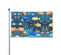 Drapeau double face imprimé monde sous-marin bleu de poissons - 0,9 x 1,5 m, convient pour une utilisation en intérieur et en extérieur, festif/événement/décoration d'intérieur (sans poteau)