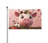 Drapeau double face imprimé vache et fraises 0,9 x 1,5 m, léger et résistant aux couleurs avec boutonnières, idéal pour les fêtes en plein air et les jardins.