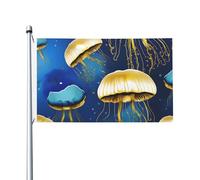 Drapeau double face pour intérieur et extérieur avec méduses bleues et dorées - Bannière décorative pour jardin et cour - Taille 0,9 x 1,5 m