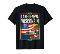 Drapeau du lac Léman Wisconsin USA Riviera Building Vintage Art T-Shirt