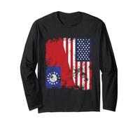Drapeau du Myanmar Birmanie USA Vieilli - Demi-américain Manche Longue