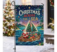 Drapeau du Père Noël tropical sur le thème de Noël 30,5 x 45,7 cm | Thème île tropicale, drapeau de pelouse, bateau à voile, perroquets colorés, boîtes cadeaux, décoration de vacances côtières