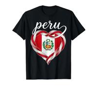 Drapeau du Pérou avec cœur Patriotique avec Ruban entrelacé T-Shirt Graphique avec Valeur, Homme, Noir, L