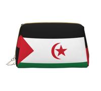 Drapeau du Sahara Occidental Fermeture à glissière Sac à cosmétiques en cuir portable étanche pour la maison Voyage pour organiser les articles de toilette divers, blanc, Taille unique