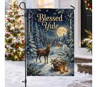 Drapeau du solstice d'hiver Blessed Yule Stag 30,5 x 45,7 cm | Scène de forêt d'hiver, drapeau de pelouse, forêt enneigée, nuit au clair de lune, cerf majestueux, hibou sage