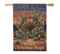 Drapeau du sud-ouest du désert sur le thème de Noël Wagon Maison à roues 71 | Style sud-ouest, drapeau de cour, paysage désert, esthétique rustique, décoration de cour extérieure