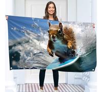 Drapeau Écureuil Surf - Grand Drapeau Drôle - Impression recto verso - Polyester 110D - Double Couture - 2 Oeillets en Laiton - Grand 90x150cm (5x3ft)