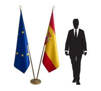 Drapeau Espagne et Union européenne avec pied et mâts - drapeau officiel usages diplomatiques, protocolaires et institutionnels dans ambassades, universités et collectivités. Code CN8-EU-ES-L