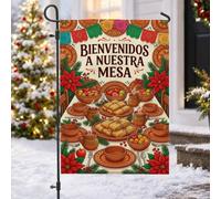 Drapeau espagnol pour table de bienvenue de Noël 30,5 x 45,7 cm | Fleurs de poinsettia, drapeau de pelouse, bannières festives en papier, tamales traditionnelles, thème des vacances d'hiver