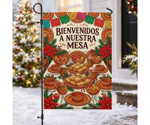 Drapeau espagnol pour table de bienvenue de Noël 30,5 x 45,7 cm | Fleurs de poinsettia, drapeau de pelouse, bannières festives en papier, tamales traditionnelles, thème des vacances d'hiver