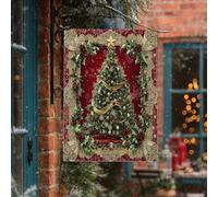 Drapeau esthétique de maison d'arbre de Noël 71 x 101,6 cm pour l'extérieur, drapeau de Noël baroque rouge vintage vertical standard en lin, drapeau pour maison, Nouvel An, cour, arrière-cour