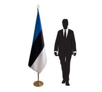 Drapeau Estonie avec mât et pied - pour ambassades, institutions, ministères, universités, écoles, collectivités locales. Pied Ø 315mm, inox finition doré, hampe pointe lance. Code CN6-EE-L